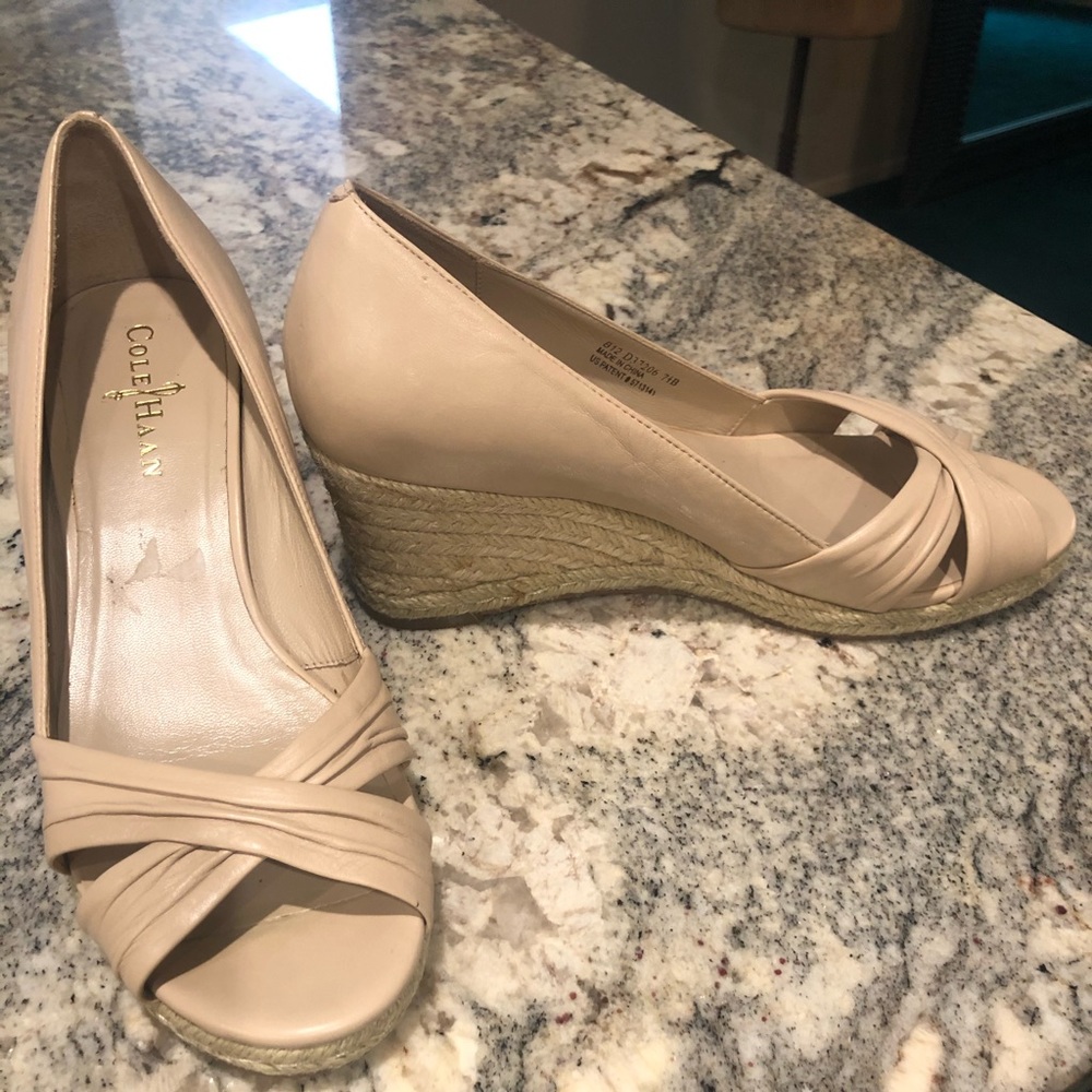 Cole Haan Beige Leather Peep Toe Wedge Sandals